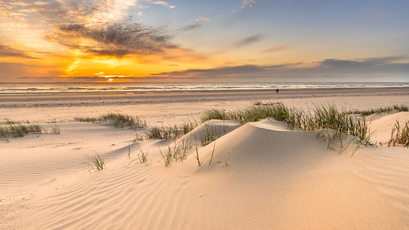 Duinen en het strand van Vlieland bij zonsondergang
